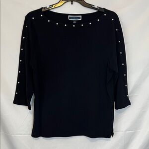 Karen Scott, Modest, Black Long Sleeve, beaded, 100% Cotton Blouse, Size X-Large